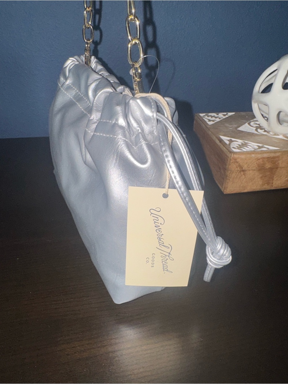 Universal Thread Silver Drawstring Mini Bag with Gold Chain - Picture 2 of 4